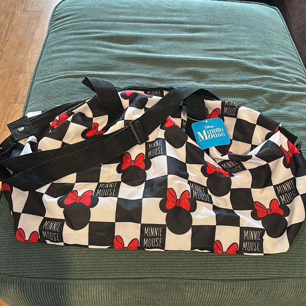Minnie Mouse duffle bag. NWT. Black/White/Red checkered. Soft sided.